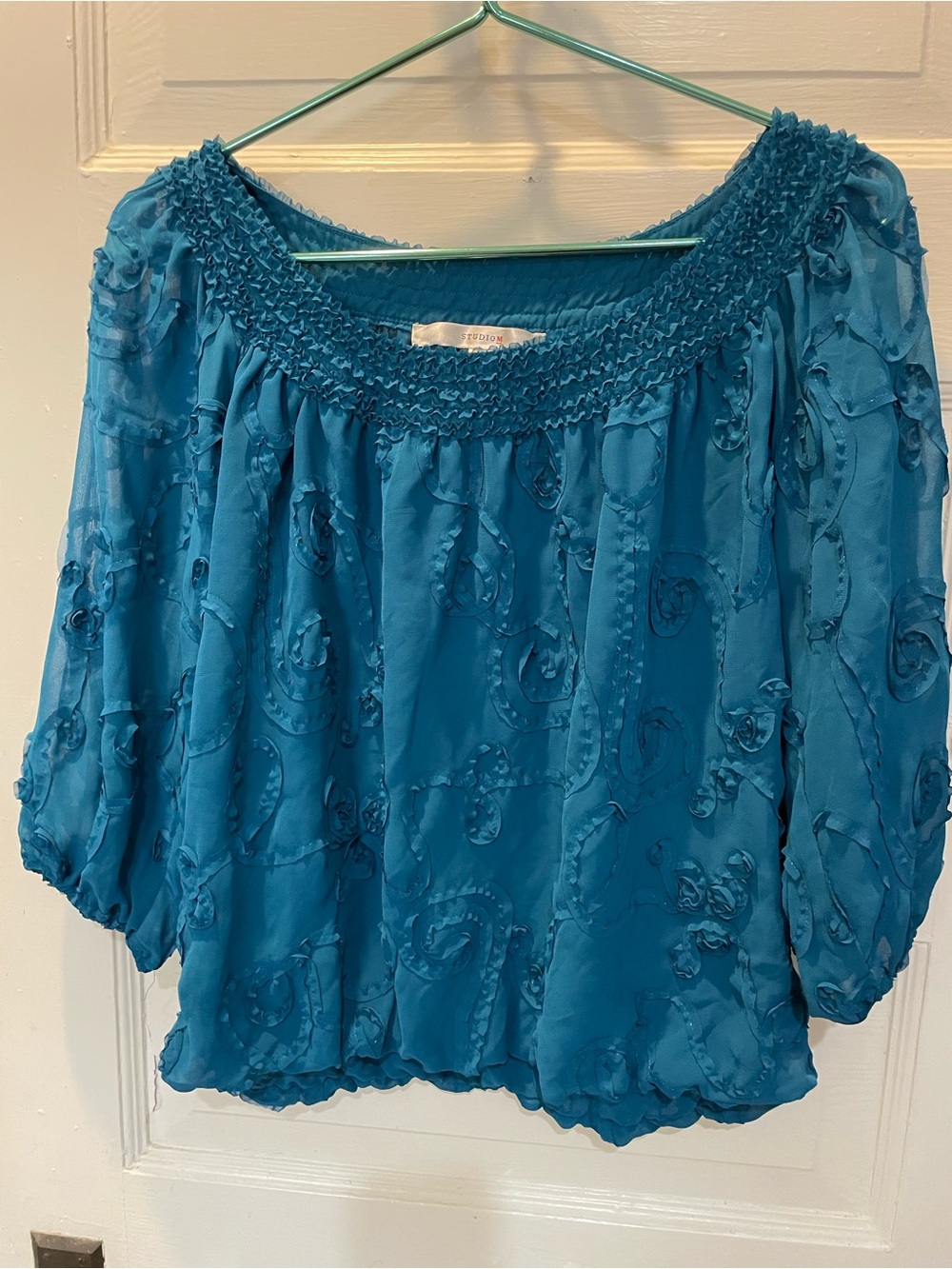 Teal Smocked Neck 3/4 Sleeve Blouse, Medium